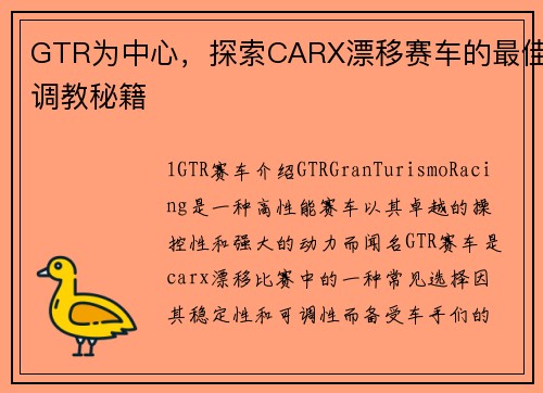 GTR为中心，探索CARX漂移赛车的最佳调教秘籍