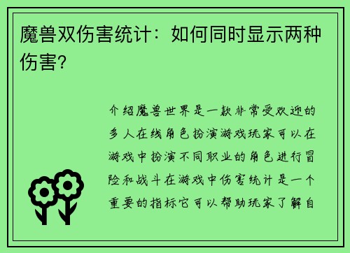 魔兽双伤害统计：如何同时显示两种伤害？