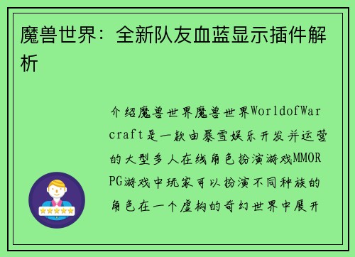 魔兽世界：全新队友血蓝显示插件解析
